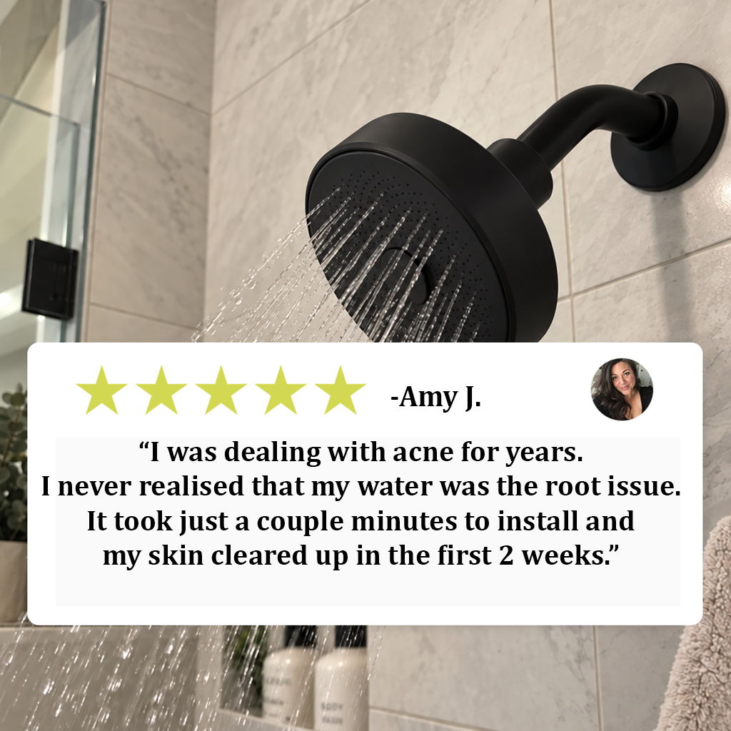 A matte black wall-mounted shower head with water running from it, shown installed on a tiled bathroom wall. A large review card with a star rating and testimonial text is overlaid across the center, along with a small circular profile photo.