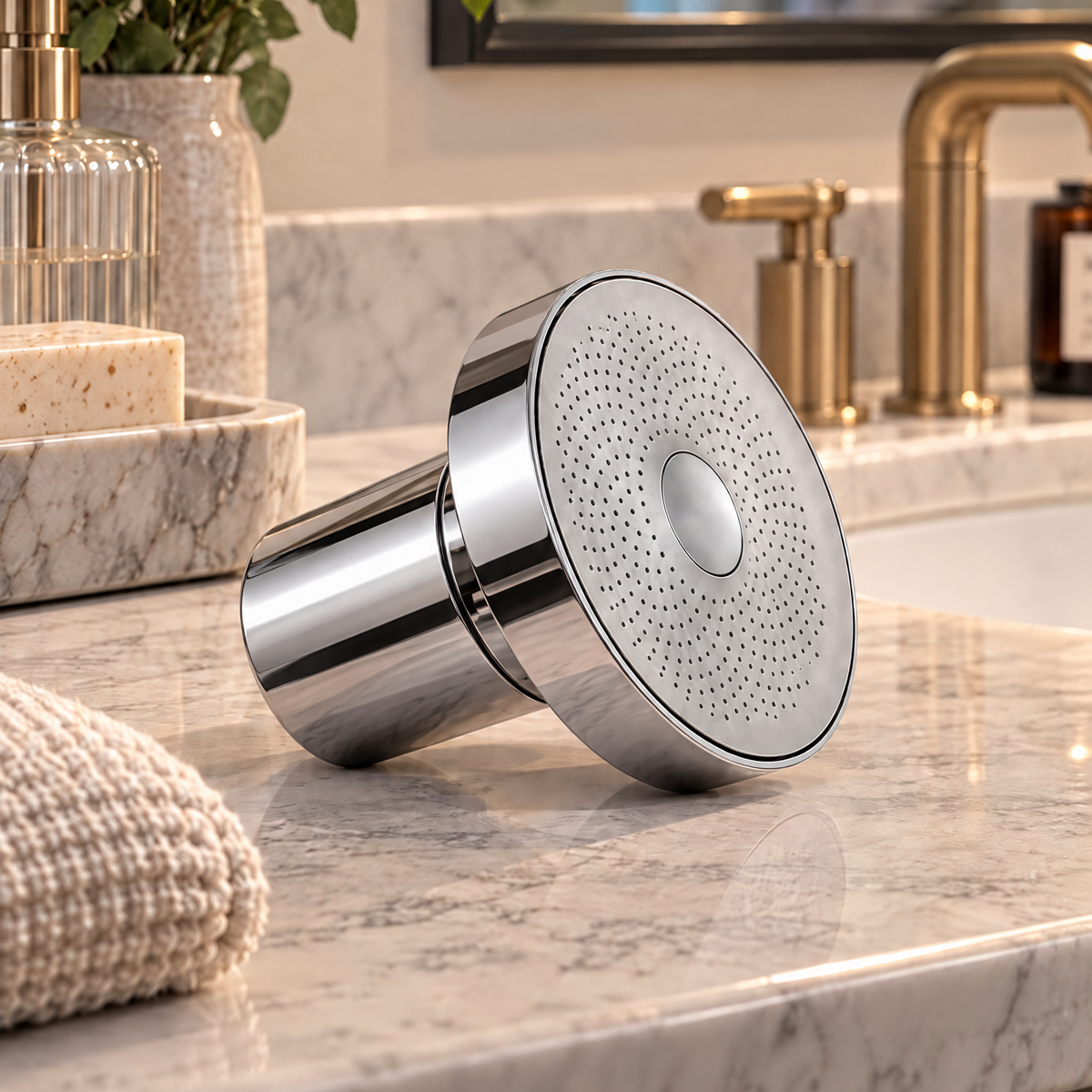 A polished chrome shower head attachment resting on a marble bathroom countertop, with a brass faucet and bathroom decor visible in the background.