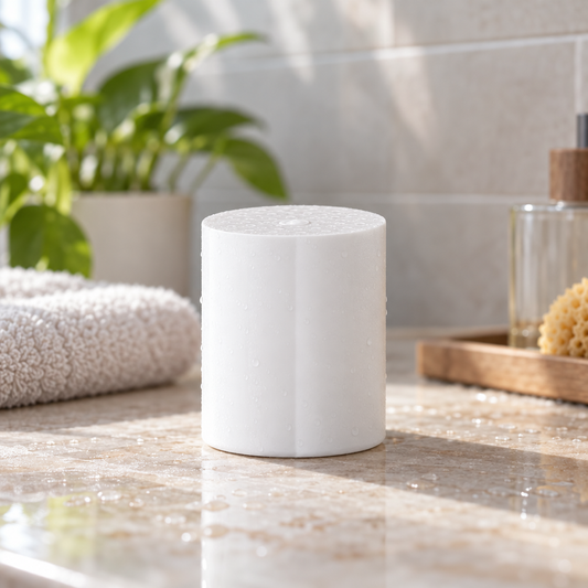 A white cylindrical shower head filter with a textured top surface, standing on a marble bathroom counter with a towel, plant, and soap dispenser in the background.